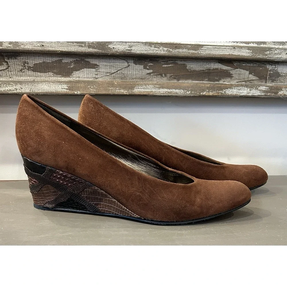 Stuart Weitzman Brown Suede Textured Mix Animal Print Wedge‎ Heel Size 7.5N